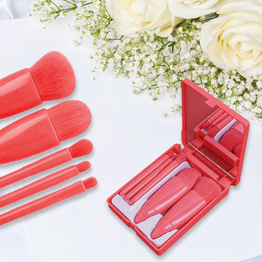 Makeup Brush Set - 5-Pack - Portable - Travel Makeup Brush Set with Mirror Case - Professional Foundation Brush, Eyeshadow Brush, and Blending Brush for Women - Pink - Main product image