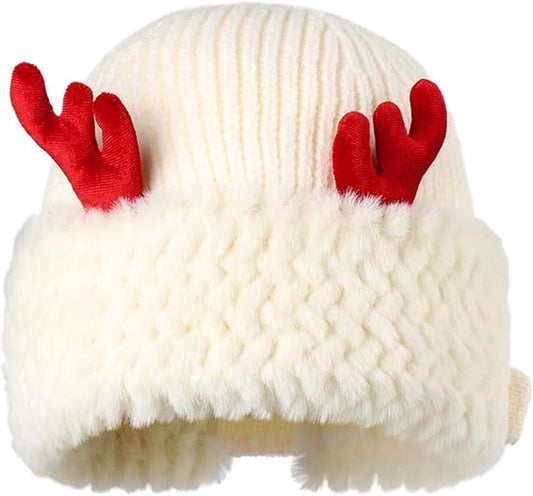 Hat - Warm knitted hat - Winter hats with reindeer antlers for women - Warm Christmas hats - Women (White) - Main product image