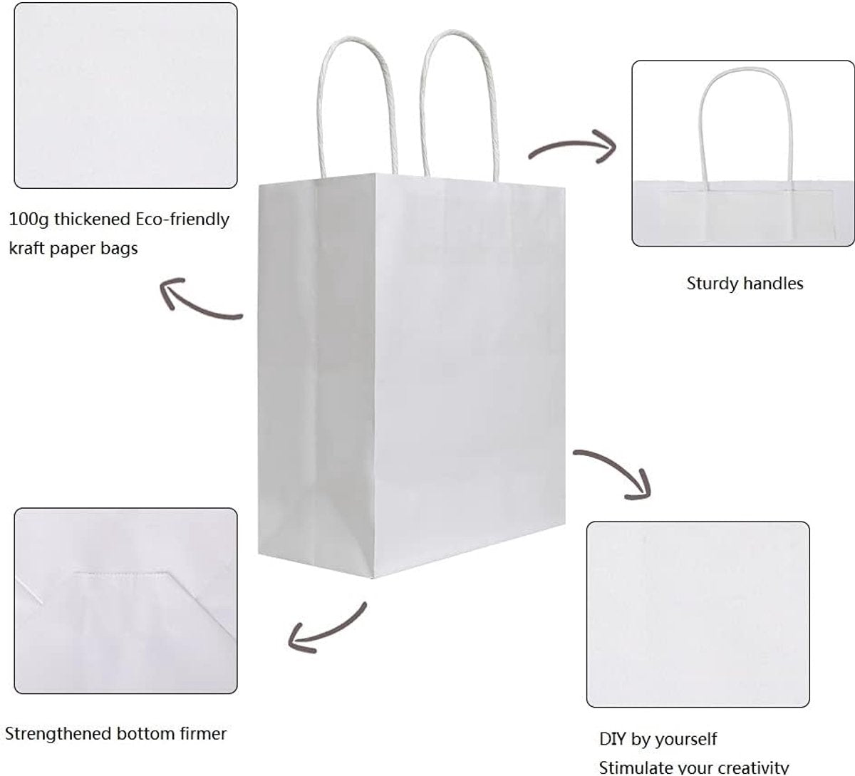 Pack of 20 - Size 21*11*27cm, Medium White Kraft Paper Bags with Handles - Gift Bags, Craft Bags, Shopping Bags, Shopping Bags, Birthday Gift Bags, Wedding Bags, Business Bags - Product image 2