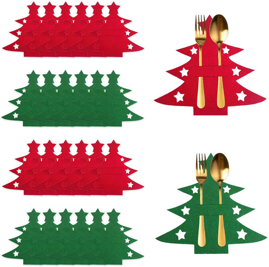 Christmas Tree Cutlery Organizer - 24-Piece Pack - Silver Cutlery Organizer Bag - Cutlery Case - Christmas Tree Pattern Felt Cutlery Case - Christmas Holiday Party Table Decoration - Main product image
