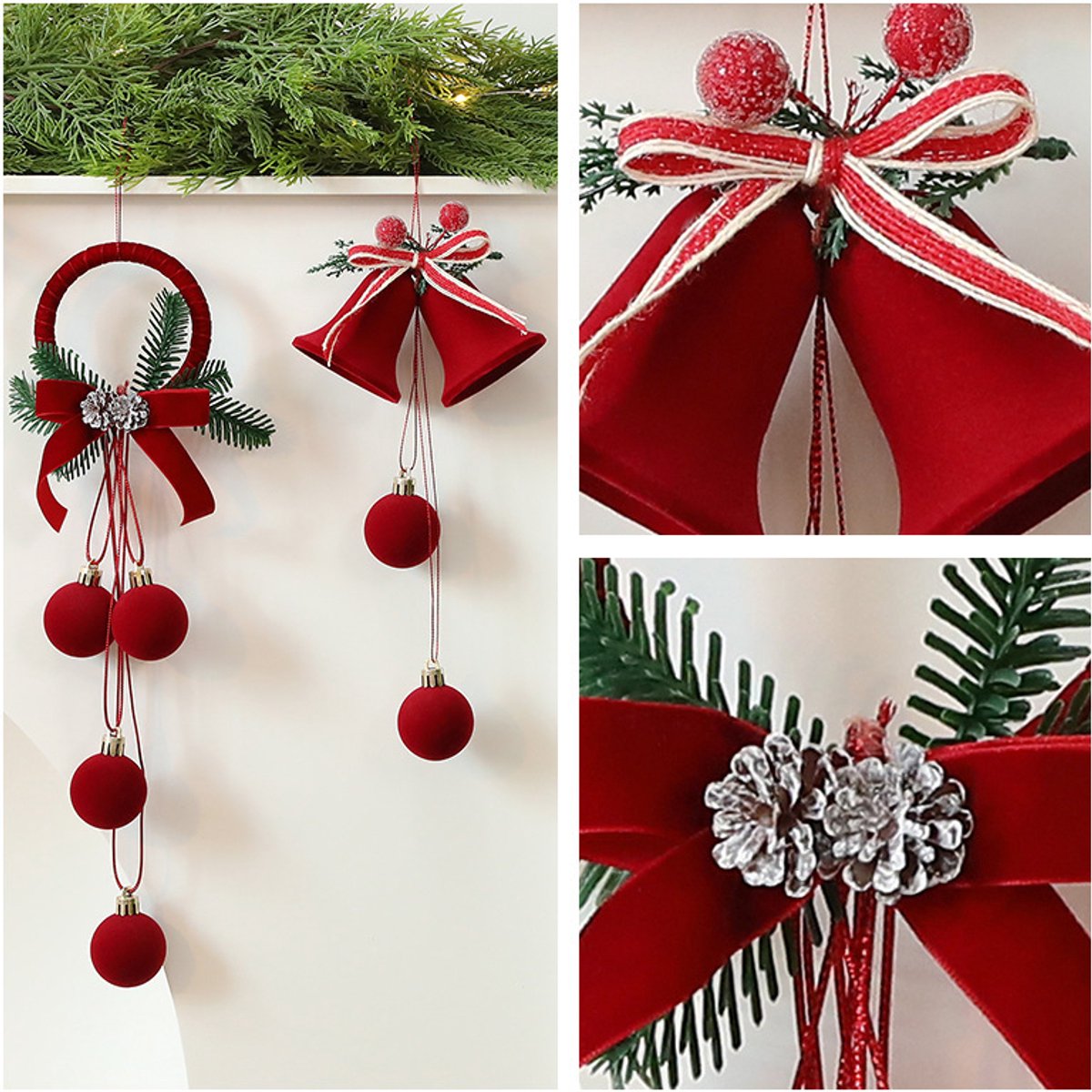 Christmas Bells - Decorative Pendant - Christmas Bells with Flock Print - Christmas Tree Decoration Display - Hanging Ornaments - 2 Pieces - Product image 2