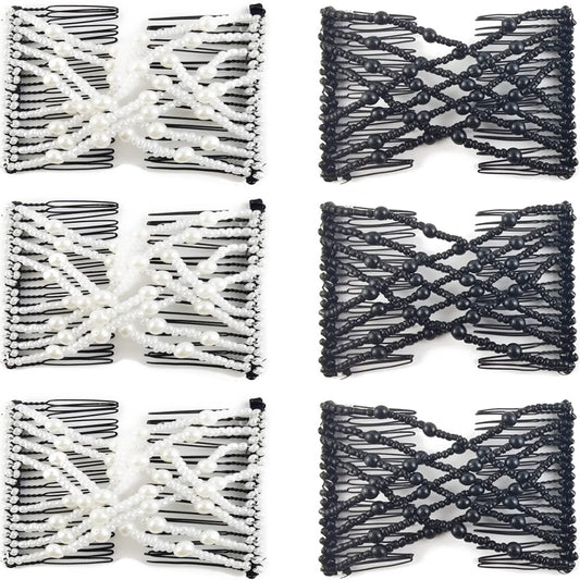 6-Pack Pearl Hair Combs - Elastic Magic Hairpins - Hair Clamps - Hair Clip - Black & White - For All Hair Types - Main product image