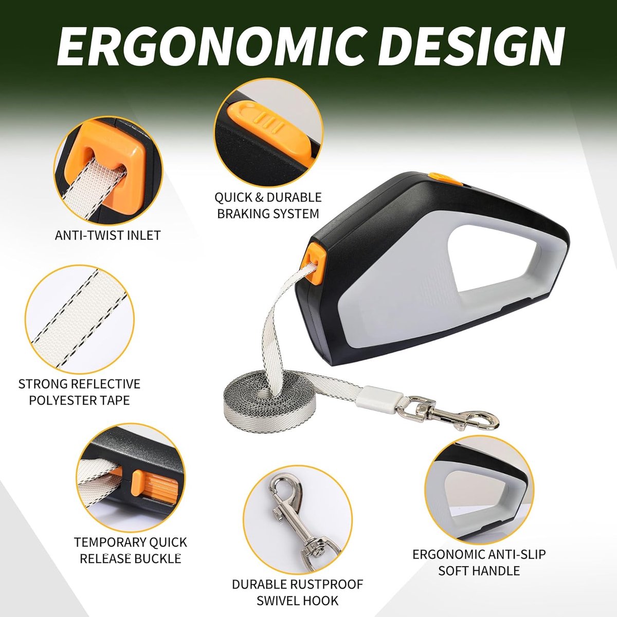 Dog Leash - Retractable Dog Leash - Strong Nylon Rope - 16 Feet (4.9 Meters) - One-Hand Brake, Stop, and Lock - Suitable for Medium and Large Dogs up to 105 lbs (49.9 kg) - Suitable for Walking and Training (White) - Product image 5