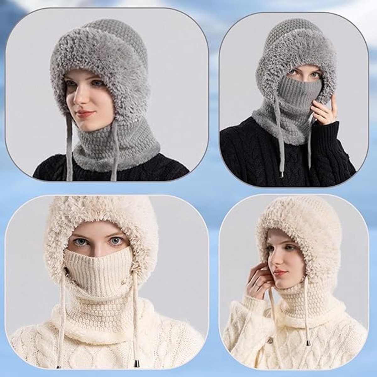 3-in-1 Insulated Hat, Scarf & Face Mask - Knitted Hooded Hat - Ski Face Mask - Warm, Windproof Knitted Headband/Scarf for Fall/Winter - Suitable for Skiing, Hiking and Other Outdoor Sports - Gray - Product image 2