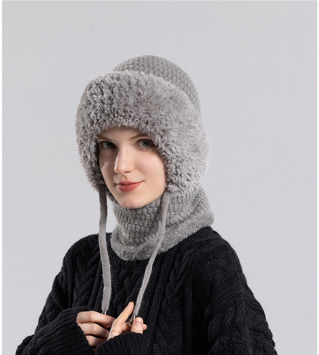 3-in-1 Insulated Hat, Scarf & Face Mask - Knitted Hooded Hat - Ski Face Mask - Warm, Windproof Knitted Headband/Scarf for Fall/Winter - Suitable for Skiing, Hiking and Other Outdoor Sports - Gray - Product image 5