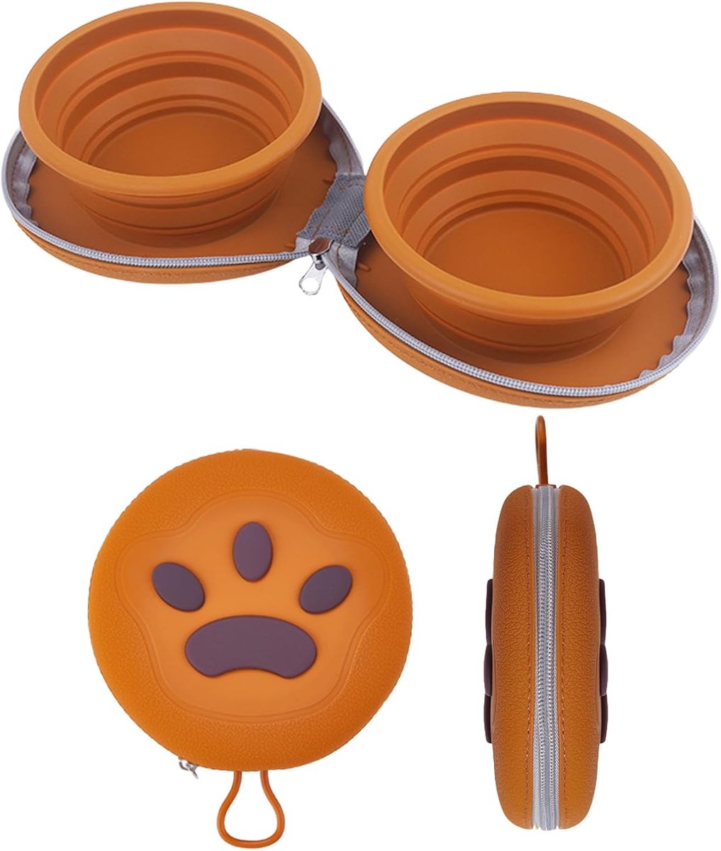 Dog Food Bowl - Foldable Dog Food Bowl - Outdoor Pet Food Bowl - 2-in-1 Dog Food Bowl - with Zippered Storage Bag and Carabiner - Suitable for Travel, Hiking, Camping and Other Activities (Brown) - Main product image