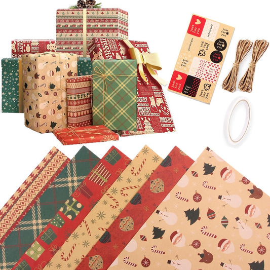 Gift Wrapping Paper - 6 sheets of kraft paper 70x50 cm - Complete set (straw, double-sided tape, stickers) - Gift wrapping paper set for birthdays, weddings and Christmas - Main product image