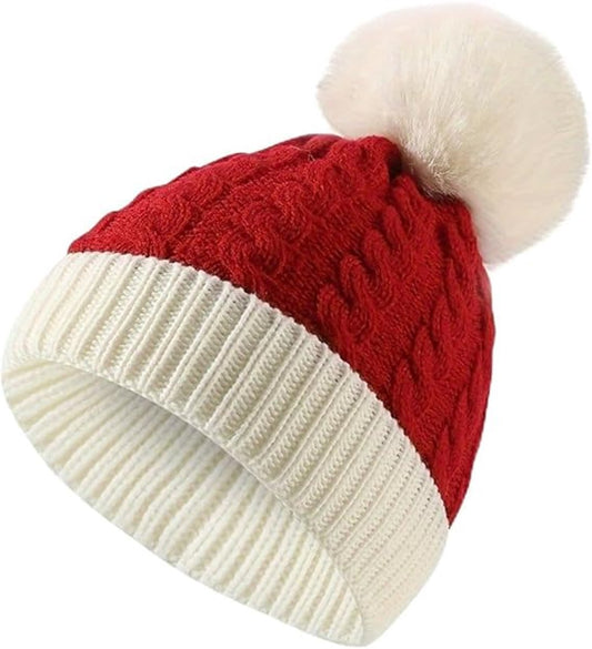 Santa Hat - Winter Knitted Hat for Kids - Red and White Knitted Hat - Pompom Hat for Kids, Christmas Party Supplies (1-5 Years) - Main product image
