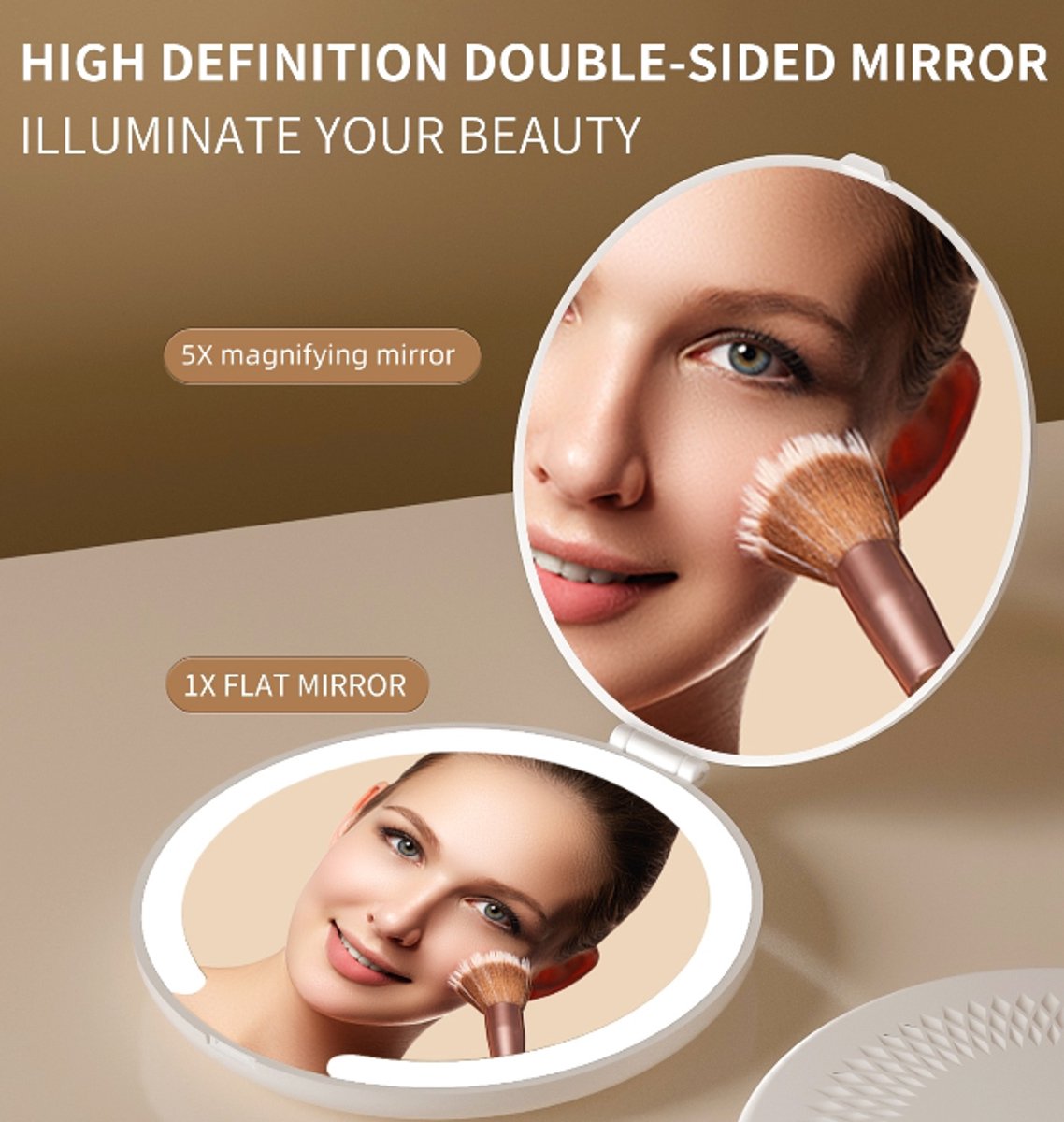 Make-up mirror - Mini mirror with light - 1x/5x magnification - 10 cm - Rechargeable - Suitable for wallets, pockets, travel and as a gift (White) - Product image 3