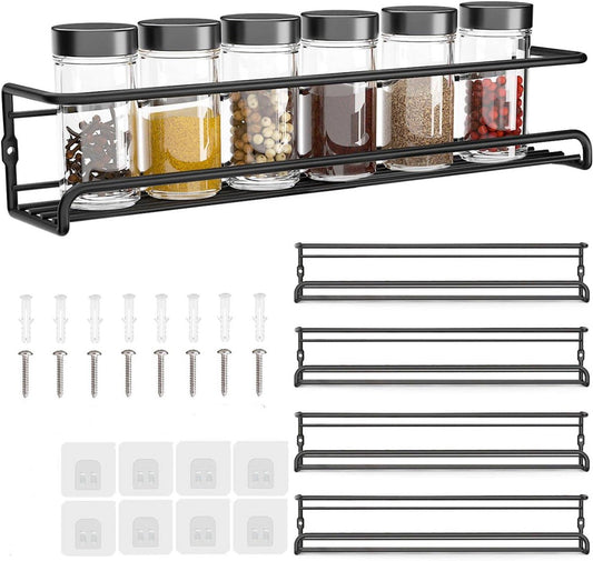Four-Tier Metal Wall-Mounted Spice Rack - Suitable for Kitchens and Cabinet Interiors - Neatly Organizes Spice Jars and Spices (Black) - Main product image
