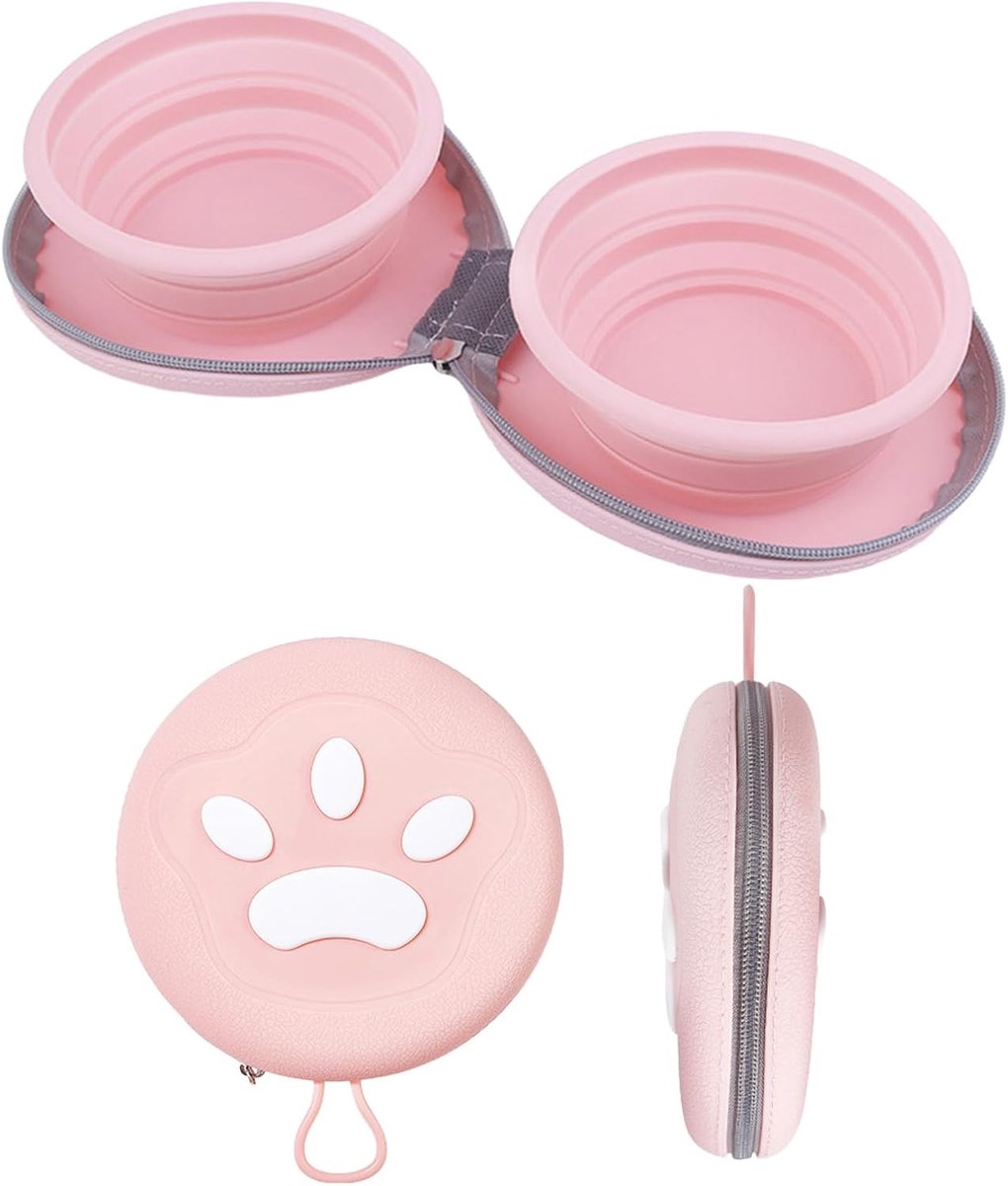 Dog Food Bowl - Foldable Dog Food Bowl - Outdoor Pet Food Bowl - 2-in-1 Dog Food Bowl - with Zippered Storage Bag and Carabiner - Suitable for Travel, Hiking, Camping and Other Activities (Pink) - Main product image
