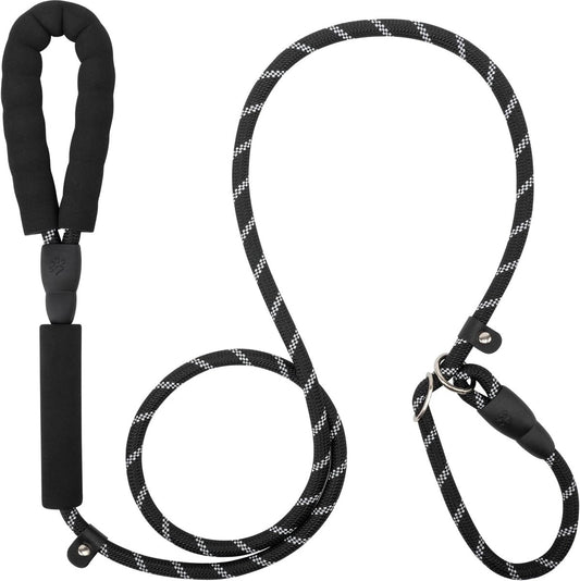 1.8m Long Dog Training Leash - Durable, tension-free polyester dog leash with two padded handles and reflective thread - For small and medium-sized dogs - Black - Main product image