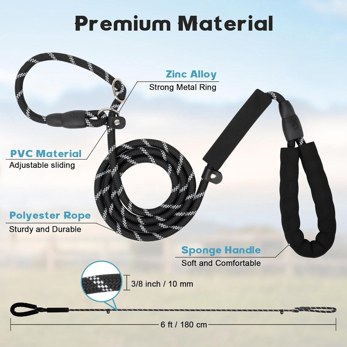1.8m Long Dog Training Leash - Durable, tension-free polyester dog leash with two padded handles and reflective thread - For small and medium-sized dogs - Black - Product image 2