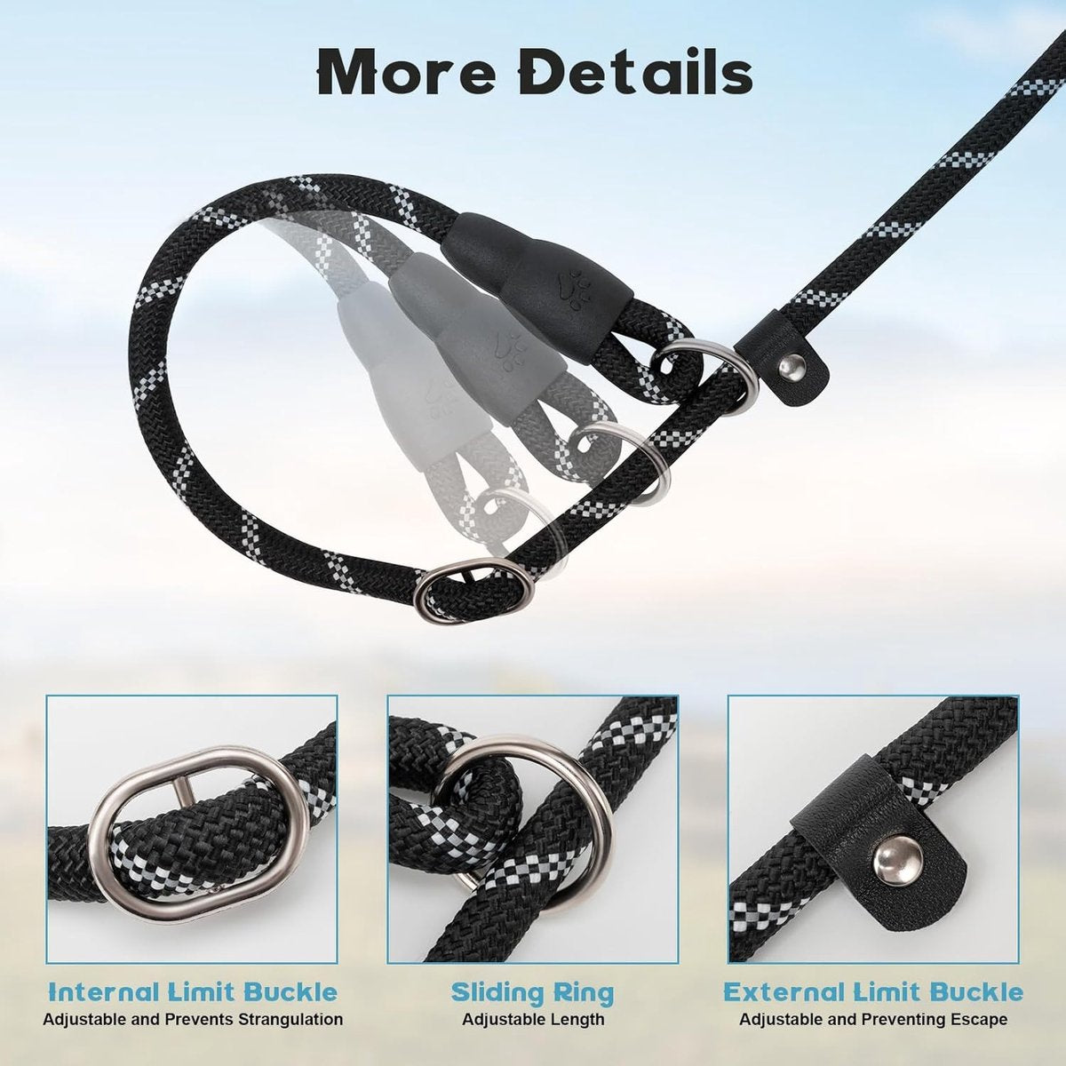 1.8m Long Dog Training Leash - Durable, tension-free polyester dog leash with two padded handles and reflective thread - For small and medium-sized dogs - Black - Product image 3