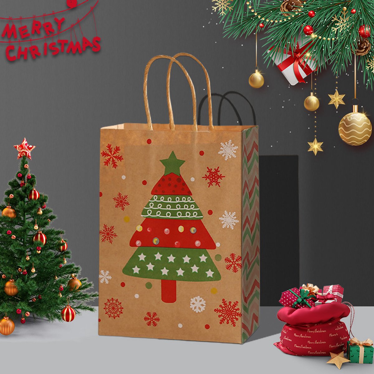Gift Bags - 8 pieces - Christmas gift bags - Paper gift bags - Christmas gift bags - Kraft paper bags - Suitable for Christmas Eve and Christmas gift wrapping - Product image 3