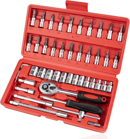 46-Piece Wrench & Ratchet Set - 1/4 Inch Metric for Cars - Compact Storage Case - Main product image