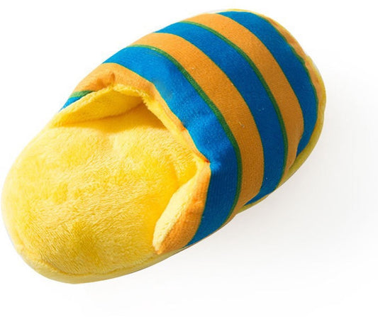 Dog Toys - Dog Cuddly Toy - Slipper Shape - Interactive - Dog Toy - Yellow and Blue Stripes - Main product image