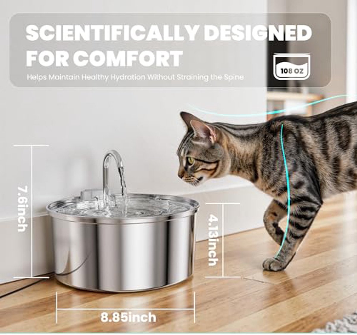 Cat Drinking Fountain - Quiet Drinking Fountain for Cats - 3.2L Stainless Steel Water Fountain with Filter - Cat Water Fountain - Cat Drinking Bowl - Includes 4 Cat Fountain Filters - for Cats and Dogs - Product image 6