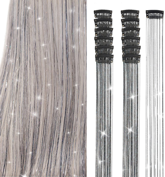 Hair Tinsels - Festival Hair Extensions - Glitter Hair Extensions - 12-Piece Clip-On Hair Accessory Set - 52cm Long Glitter Hair Extensions, for Christmas and New Year, Glitter Hair Extensions, Suitable for Women, Girls and Children (Black) - Main product image