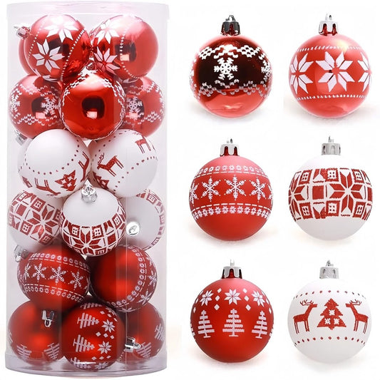 24 Christmas Baubles - 6cm Red and White Christmas Bauble Decorations - Christmas Tree Decorations - Christmas Party Decorations (6 Styles) - Main product image