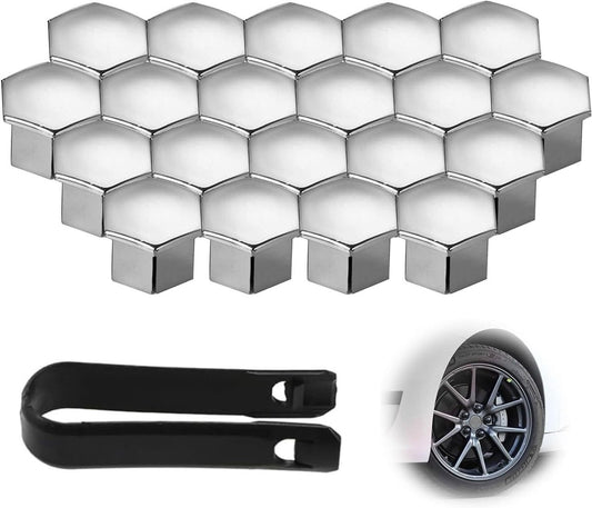 Universal wheel bolt covers (20 pieces) - 17 mm wheel bolt cover - wheel bolt cover - hexagon nut protector - with puller - suitable for all car brands (silver) - Main product image
