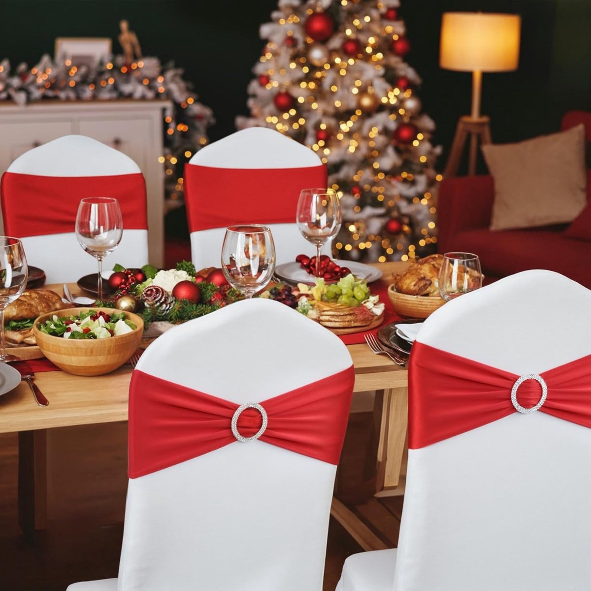 Chair Covers - Pack of 5 - Christmas Chair Covers - Party Chair Covers - Premium Elastic Chair Cover Straps - Buckle Slider - Universal Elastic Chair Straps - Wedding - Ceremony - Banquet Decoration - Red - Product image 4