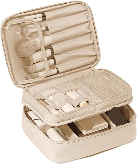 Makeup Bag - Cosmetic Storage Bag - Travel Bag - Large Capacity Makeup Bag - Women's Toiletry Bag - Portable Makeup Bag with Brush Holder and Compartments (Double-Layered Beige) - Main product image