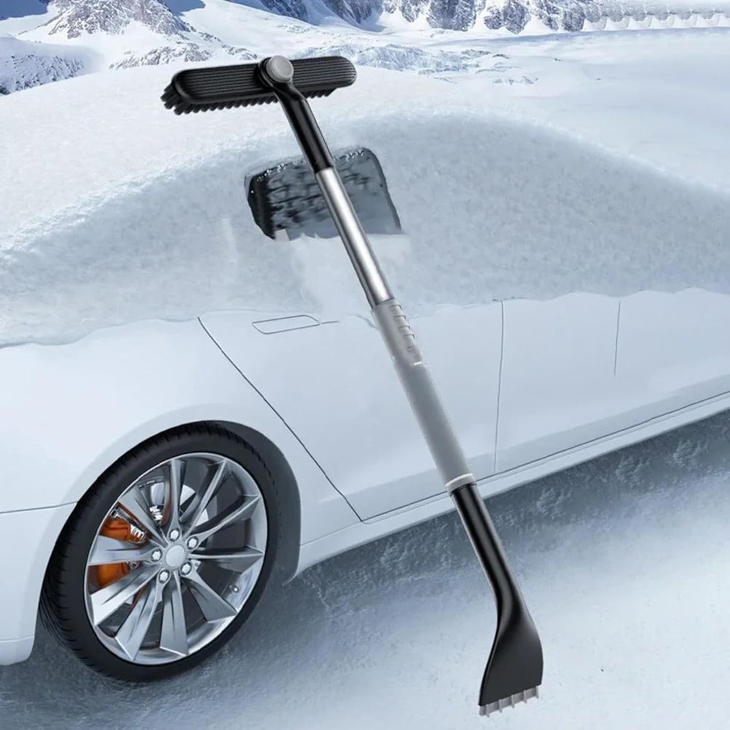 3-in-1 Snow Brush and Ice Scraper for Car Windows - Extendable Snow Remover - 360° Rotating Snow Brush and Ice Scraper with Long Handle (Gray) - Main product image