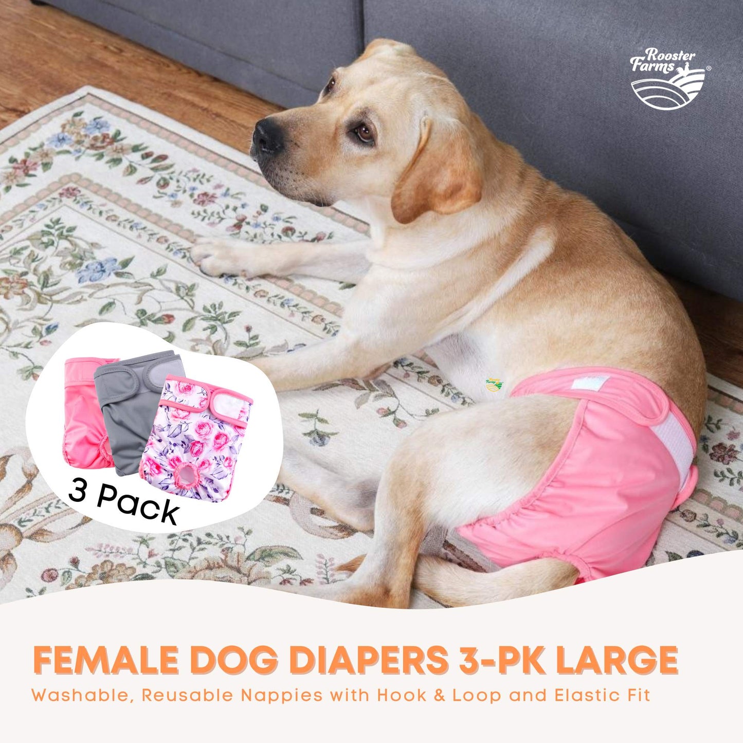Rooster Farms Female Dog Diapers Large 3Pk - Washable Reusable Nappies Hook/Loop - Product image 2