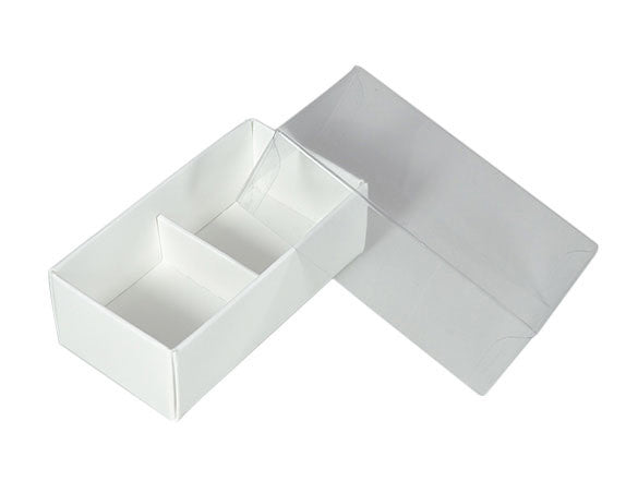 100 Pack of White Card Chocolate Sweet Soap Product Retail Gift Box - 2 Bay Compartments - Clear Slide On Lid - 8x4x3cm - Main product image