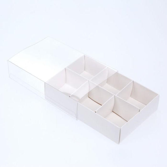 100 Pack of White Card Chocolate Sweet Soap Product Retail Gift Box - 6 Bay Compartments - Clear Slide On Lid - 12x8x3cm - Main product image