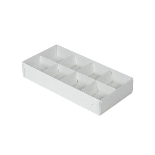 100 Pack of White Card Chocolate Sweet Soap Product Retail Gift Box - 8 bay 3cm Compartments - Clear Slide On Lid - 16x8x3cm - Main product image