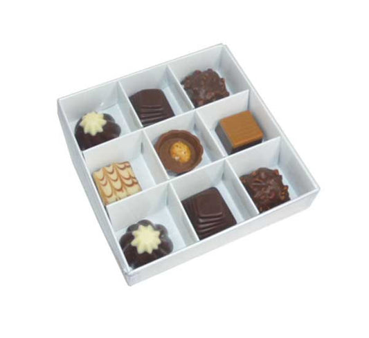 50 Pack of White Card Chocolate Sweet Soap Product Retail Gift Box - 9 bay 4x4x3cm Compartments  - Clear Slide On Lid - 12x12x3cm - Main product image