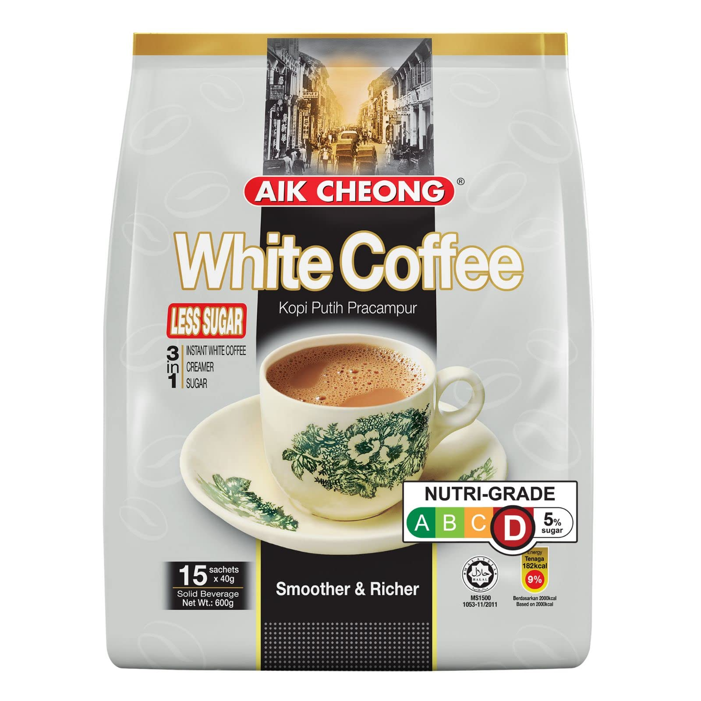 Aik Cheong White Instant Coffee 40g Sachets (Pack of 15) - Less Sugar (600g Total) - Main product image