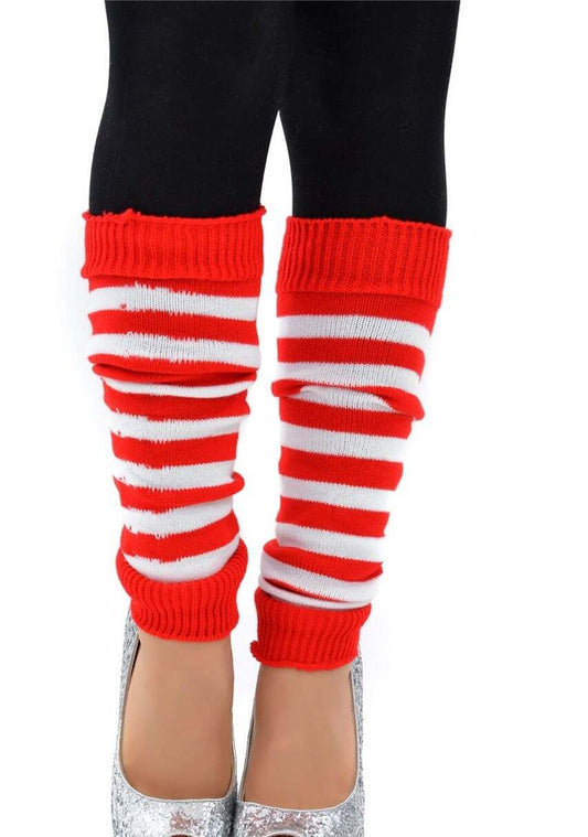 Pair of Womens Leg Warmers Disco Winter Knit Dance Party Crochet Legging Socks Costume - Red/White Stripe - Main product image