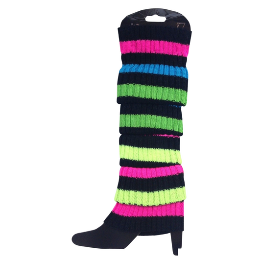 Pair of Womens Leg Warmers Disco Winter Knit Dance Party Crochet Legging Socks Costume - Rainbow with Black Stripe - Main product image