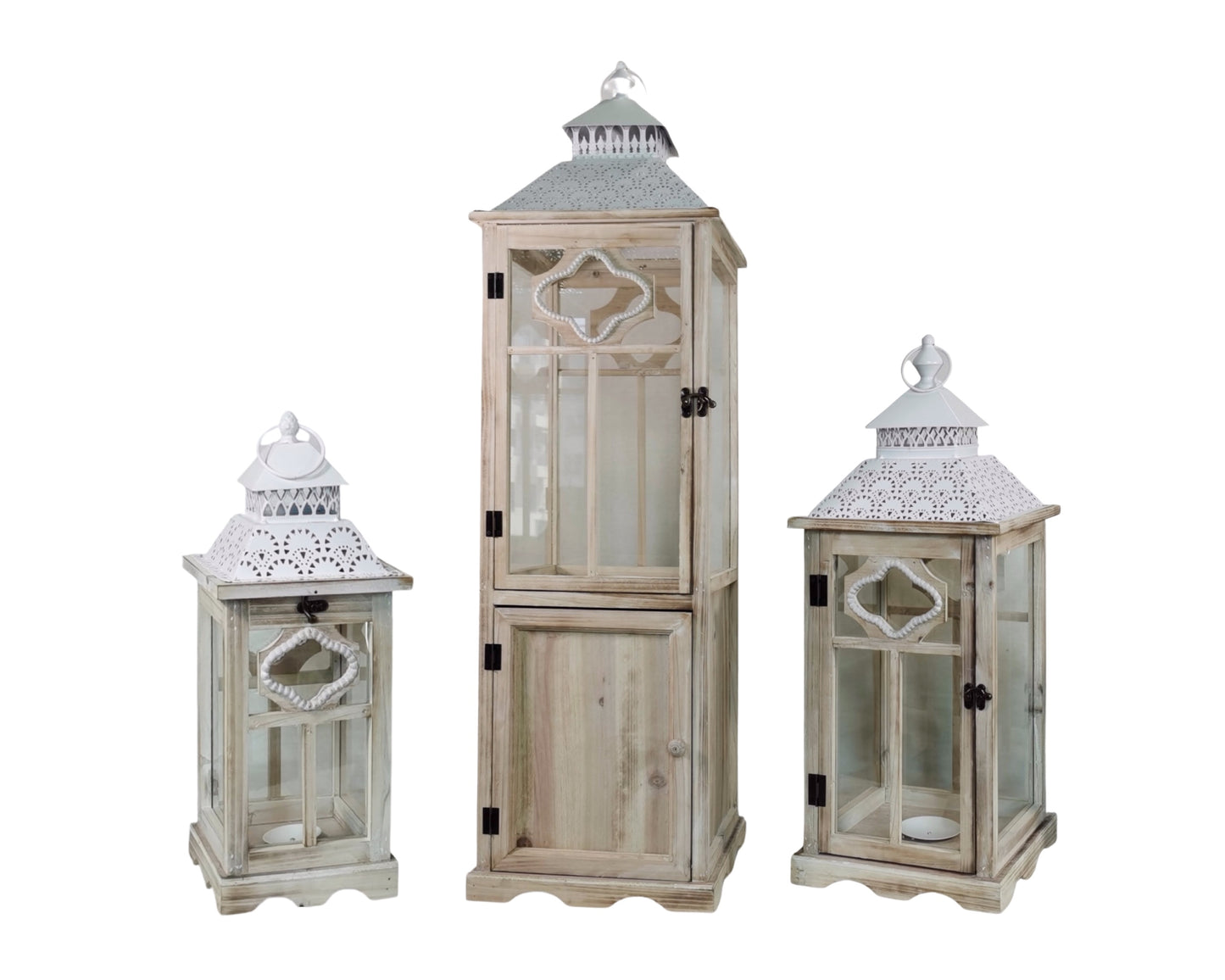Set 3 Tall Natural Wooden Lantern 117cm - Main product image