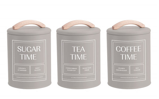 Set 3 Almond Cream Metal Coffee Tea Sugar Storage Tins 11x15cm - Main product image