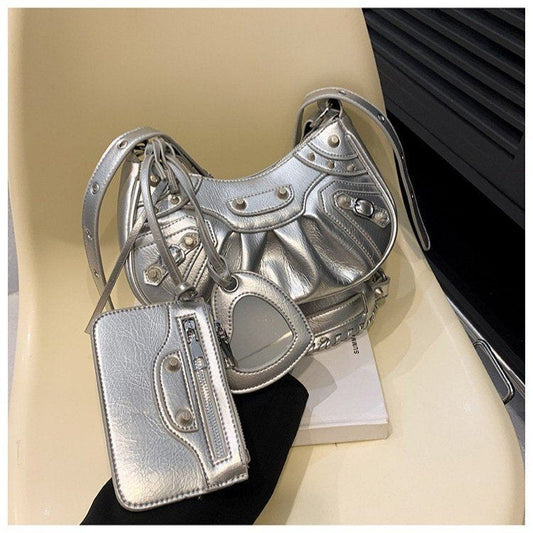 Vintage Rivet Crescent Moon Bag with Card Holder & Mirror, French Retro PU Leather Shoulder & Crossbody Motorcycle Bag for Women