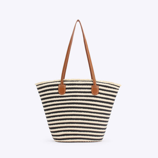 And Yellow Stripes Handmade Large Capacity Striped Beach Tote Bag with Zipper and Inner Pocket