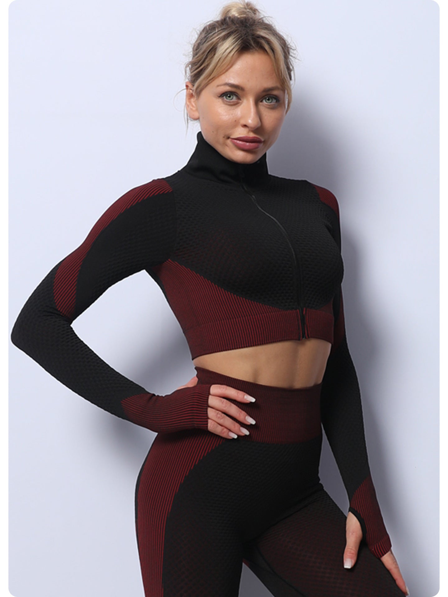 Black+Red High Waist Yoga Set for Women - Sports Bra, Long Sleeve Shirt & Leggings 3