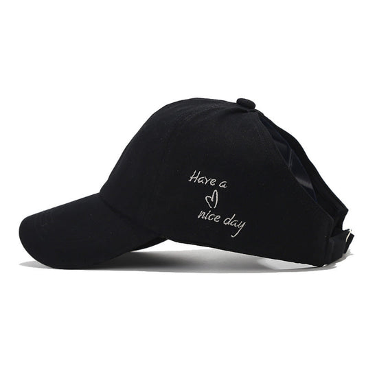 Dark brown Stylish Ponytail Opening Baseball Cap - Have a Nice Day" Embroidery"