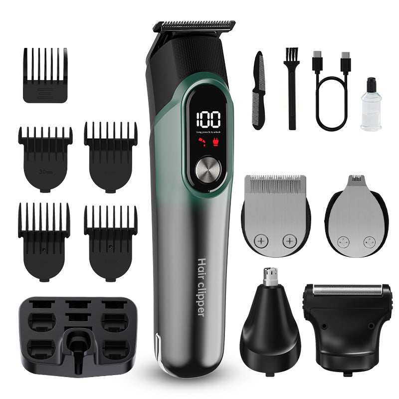 Green 5-in-1 Digital Display Hair Clipper Set - Adjustable Multifunctional Trimmer for Hair, Beard, and Precision Grooming - Main product image