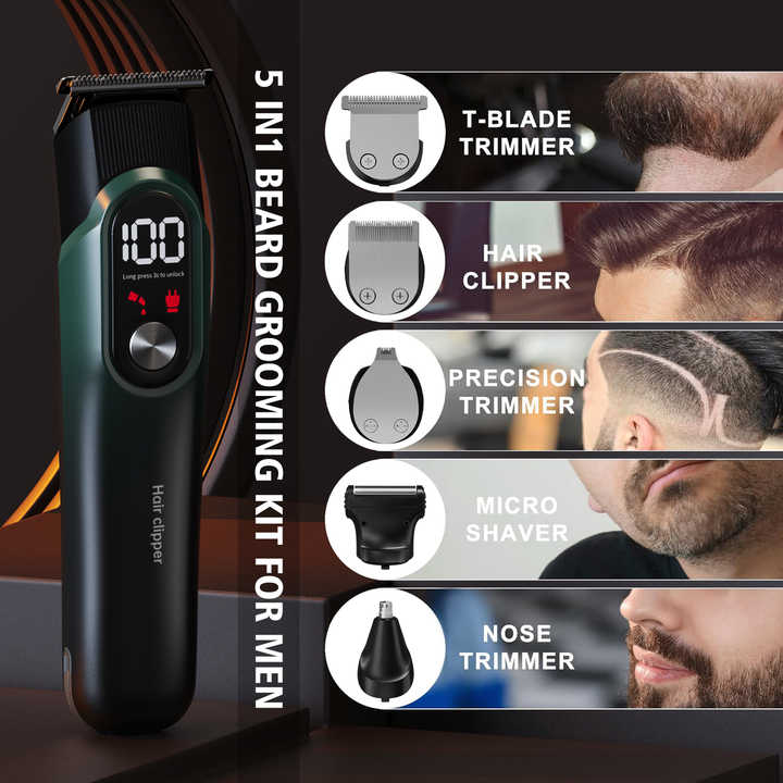 Green 5-in-1 Digital Display Hair Clipper Set - Adjustable Multifunctional Trimmer for Hair, Beard, and Precision Grooming - Product image 4