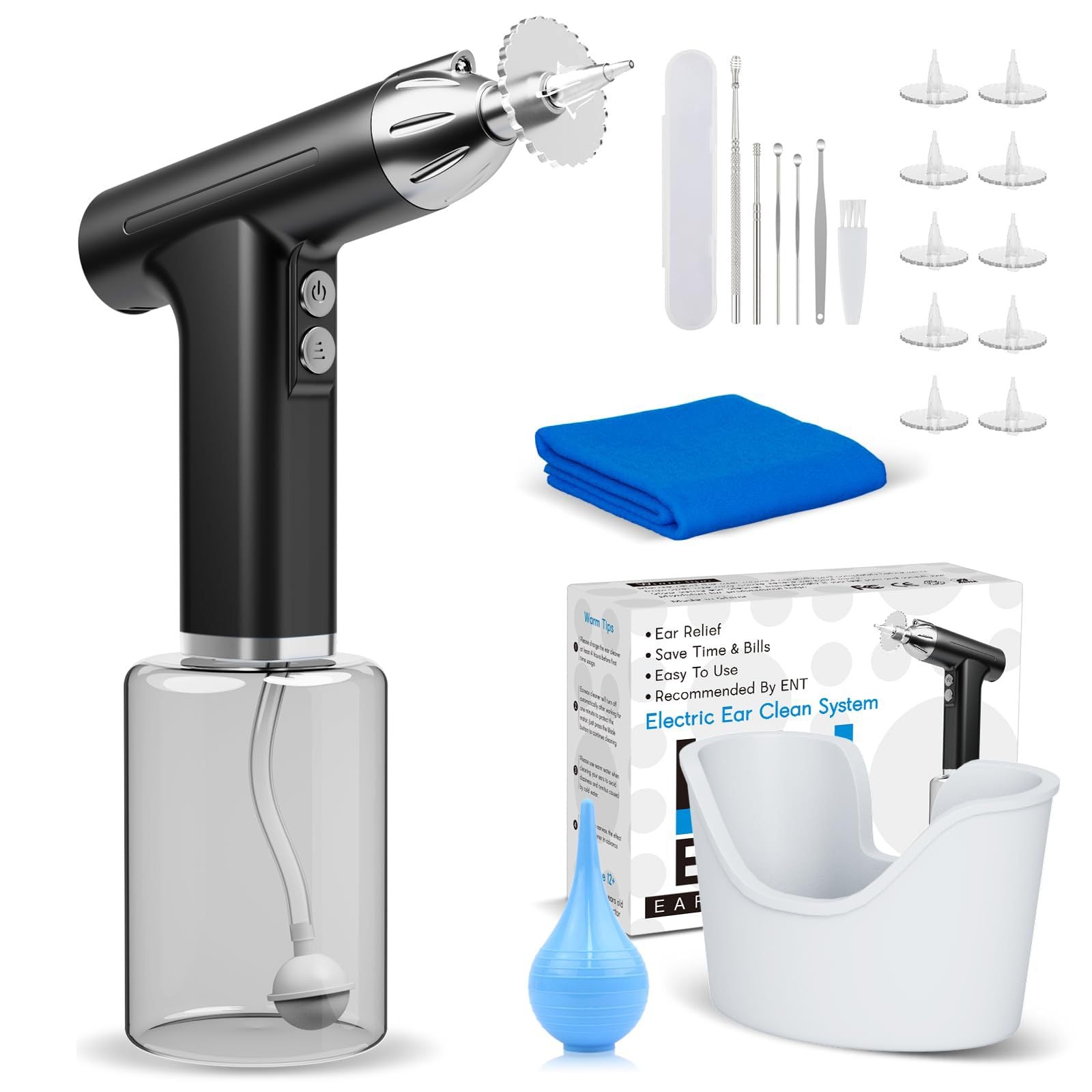 Black Electric Earwax Irrigator Set - Gentle and effective earwax cleaner with collection basin and earplugs - Main product image