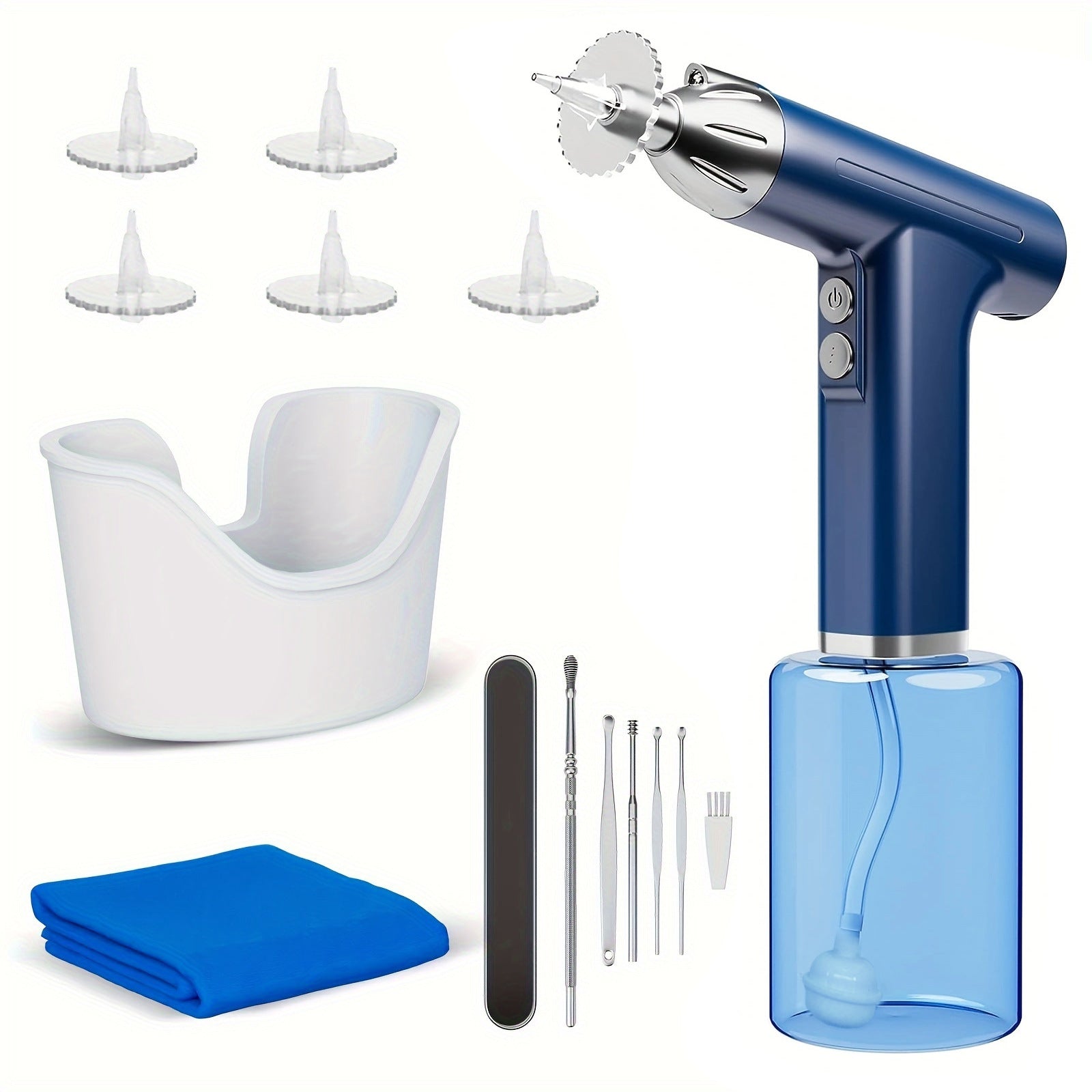 Blue Electric Earwax Irrigator Set - Gentle and effective earwax cleaner with collection basin and earplugs - Main product image