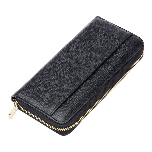 Dark Blue Premium Genuine Leather RFID Blocking Long Wallet - Unisex Multi - Card Organizer Clutch with Zip - Around Closure