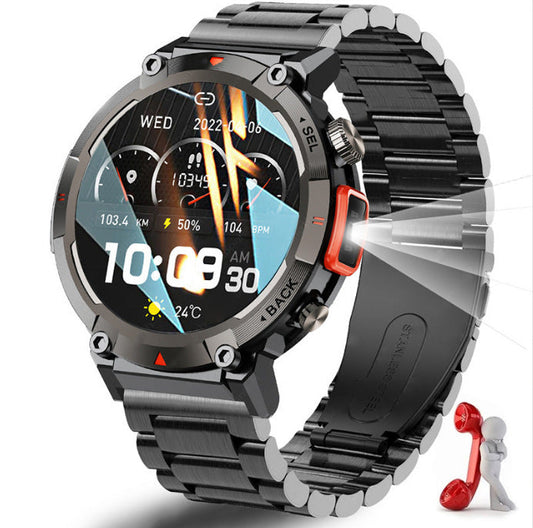 orange Steel Belts Outdoor Smartwatch with 1.45 - Inch HD Round Screen and Flashlight