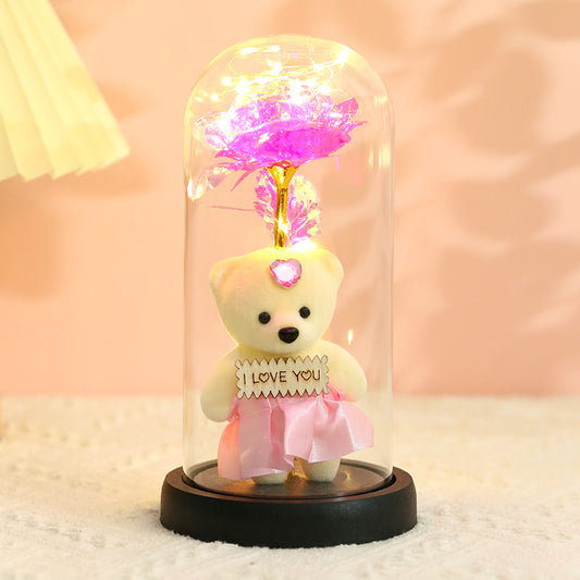 Enchanted Rose & Teddy Bear in Glass Dome with LED Lights - I Love You" Gift(blue)" - Main product image