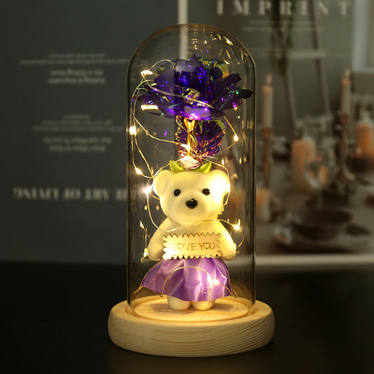 Enchanted Rose & Teddy Bear in Glass Dome with LED Lights - I Love You" Gift(purple)" - Main product image
